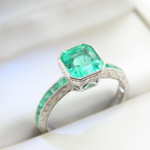 325 - Emerald Set Ring Mounted on Platinum Band Ring Size M and a Half 4.5 Gram Total Weight Finely Engrav... 