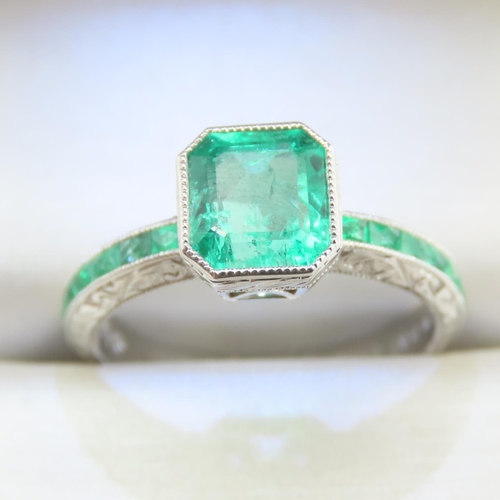 325 - Emerald Set Ring Mounted on Platinum Band Ring Size M and a Half 4.5 Gram Total Weight Finely Engrav... 