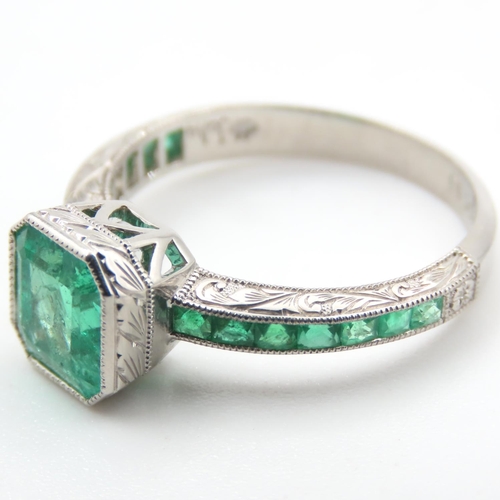 325 - Emerald Set Ring Mounted on Platinum Band Ring Size M and a Half 4.5 Gram Total Weight Finely Engrav... 