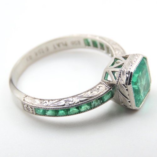 325 - Emerald Set Ring Mounted on Platinum Band Ring Size M and a Half 4.5 Gram Total Weight Finely Engrav... 