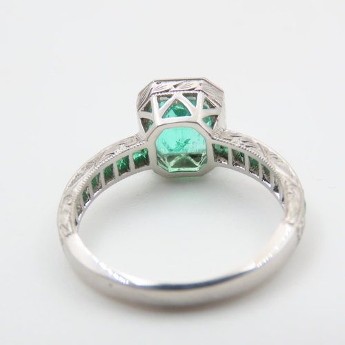 325 - Emerald Set Ring Mounted on Platinum Band Ring Size M and a Half 4.5 Gram Total Weight Finely Engrav... 