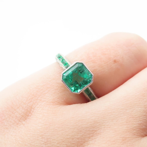 325 - Emerald Set Ring Mounted on Platinum Band Ring Size M and a Half 4.5 Gram Total Weight Finely Engrav... 