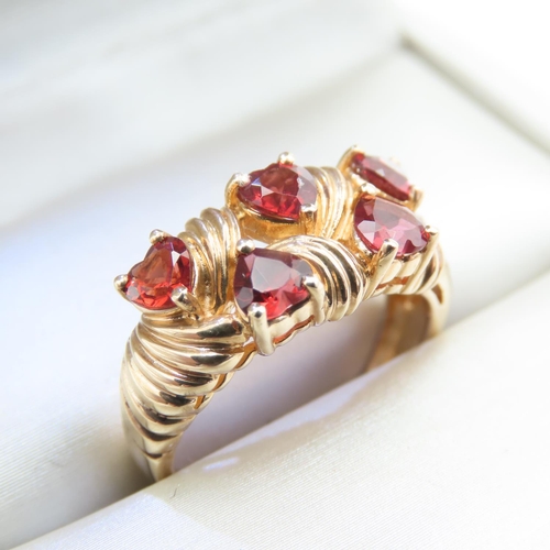 330 - Five Stone Heart Cut Red Garnet Ring Mounted on 9 Carat Yellow Gold Ring Size L and a Half Hallmarke... 