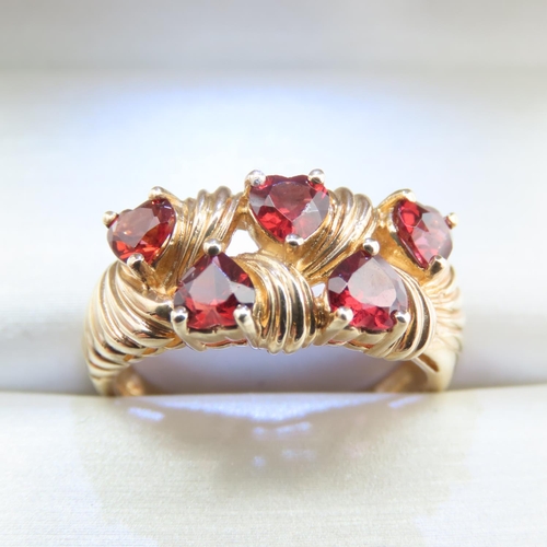 330 - Five Stone Heart Cut Red Garnet Ring Mounted on 9 Carat Yellow Gold Ring Size L and a Half Hallmarke... 