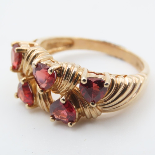 330 - Five Stone Heart Cut Red Garnet Ring Mounted on 9 Carat Yellow Gold Ring Size L and a Half Hallmarke... 