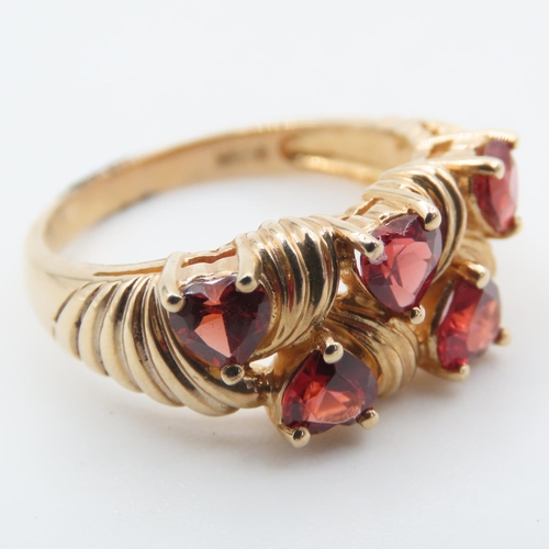 330 - Five Stone Heart Cut Red Garnet Ring Mounted on 9 Carat Yellow Gold Ring Size L and a Half Hallmarke... 