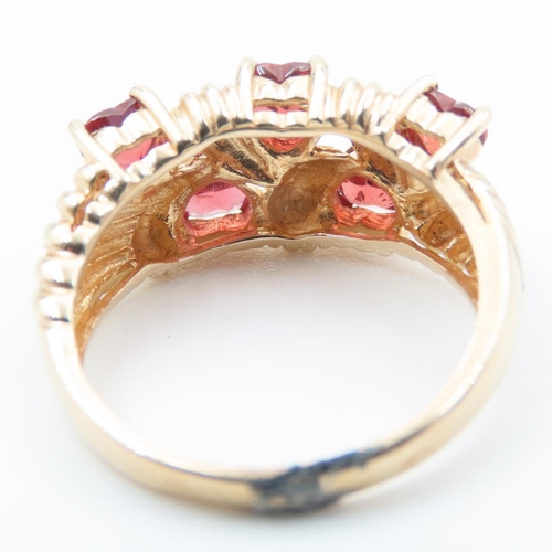 330 - Five Stone Heart Cut Red Garnet Ring Mounted on 9 Carat Yellow Gold Ring Size L and a Half Hallmarke... 