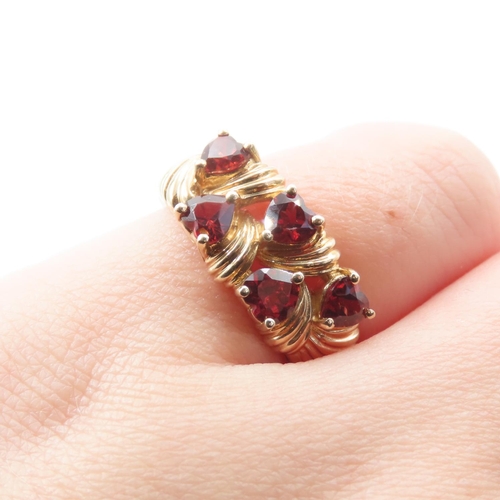 330 - Five Stone Heart Cut Red Garnet Ring Mounted on 9 Carat Yellow Gold Ring Size L and a Half Hallmarke... 