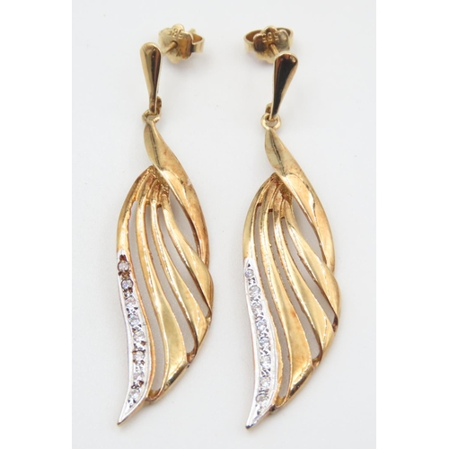 333 - Diamond Set Leaf Motif Drop Earrings Mounted in 14 Carat Yellow Gold Each 4cm High