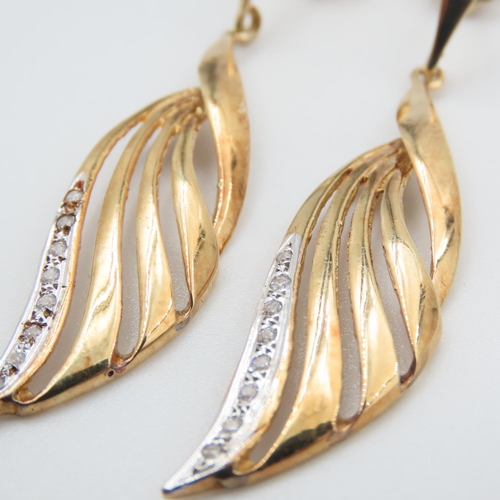 333 - Diamond Set Leaf Motif Drop Earrings Mounted in 14 Carat Yellow Gold Each 4cm High