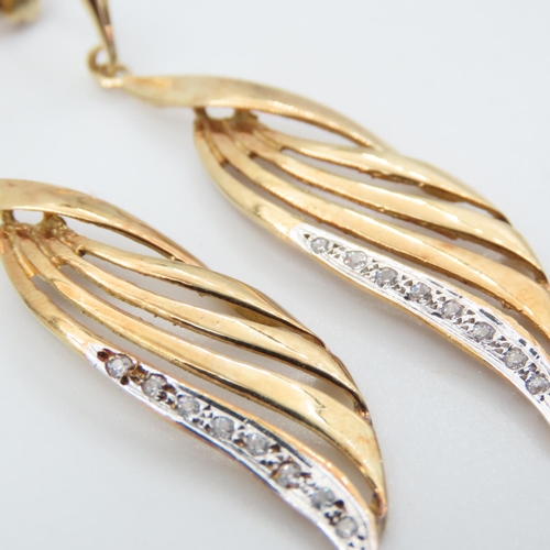 333 - Diamond Set Leaf Motif Drop Earrings Mounted in 14 Carat Yellow Gold Each 4cm High