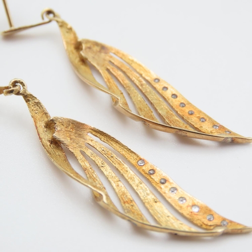 333 - Diamond Set Leaf Motif Drop Earrings Mounted in 14 Carat Yellow Gold Each 4cm High