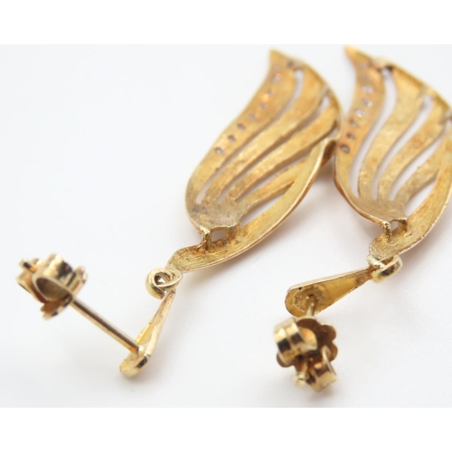 333 - Diamond Set Leaf Motif Drop Earrings Mounted in 14 Carat Yellow Gold Each 4cm High