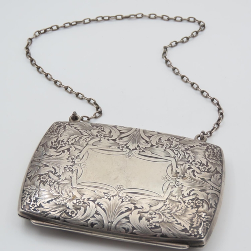 339 - Silver Ladies Evening Purse Finely Engraved Detailing Set on Silver Chain 9cm Wide 7cm High Fitted I... 