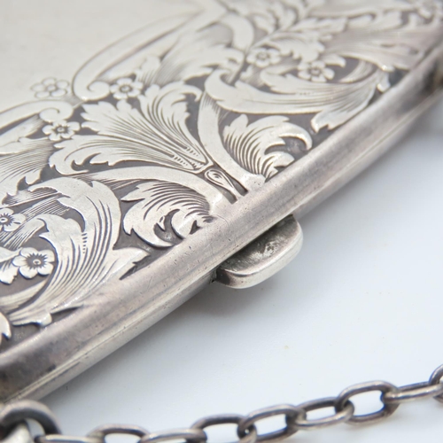 339 - Silver Ladies Evening Purse Finely Engraved Detailing Set on Silver Chain 9cm Wide 7cm High Fitted I... 