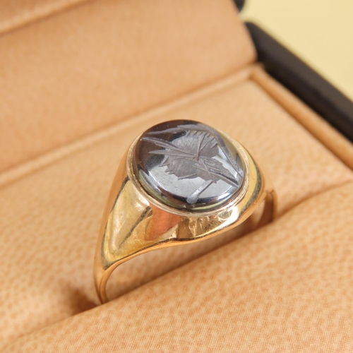 350 - Hematite Intaglio Ring Mounted on 9 Carat Yellow Gold Band Ring Size T and a Half