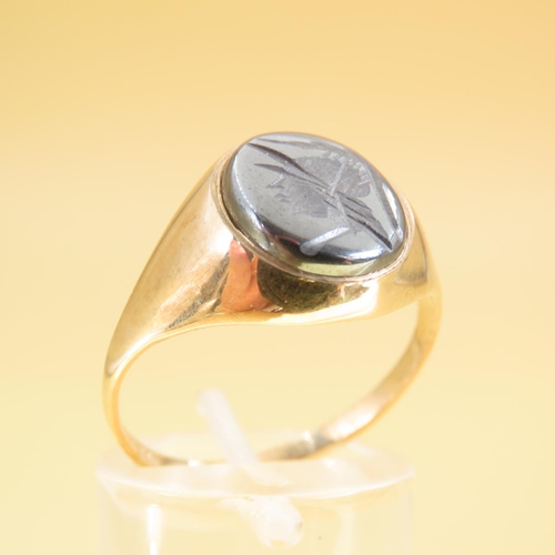 350 - Hematite Intaglio Ring Mounted on 9 Carat Yellow Gold Band Ring Size T and a Half