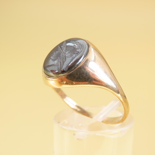 350 - Hematite Intaglio Ring Mounted on 9 Carat Yellow Gold Band Ring Size T and a Half