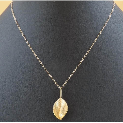 354 - Leaf Motif 9 Carat Yellow Gold Pendant 2cm High Mounted on 9 Carat Yellow Gold Chain 46cm Long