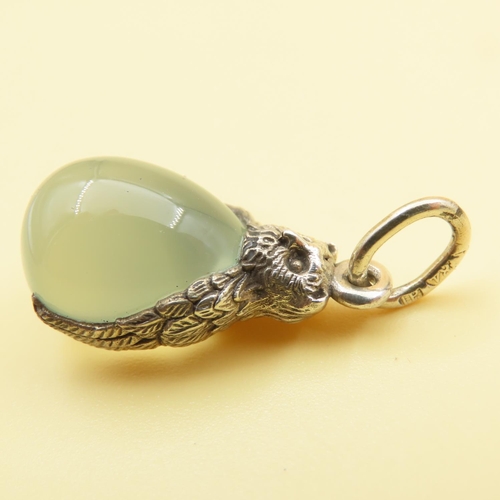 372 - Russian Silver Gilt Quail Egg Form Pendant Polished Jade 3cm High