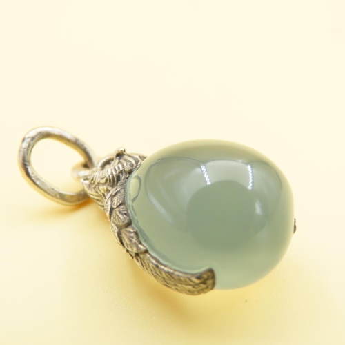 372 - Russian Silver Gilt Quail Egg Form Pendant Polished Jade 3cm High