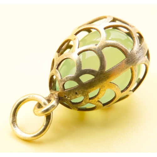 373 - Russian Silver Gilt Green Chalcedony Egg Form Pendant 3cm High