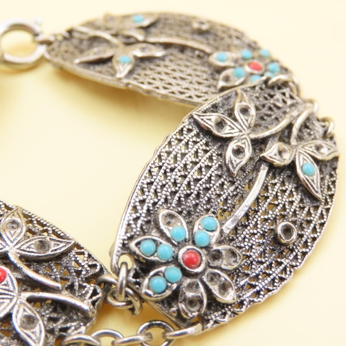 374 - Silver Ladies Panel Bracelet Floral Motifs 20cm Long