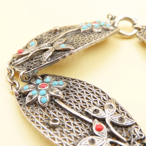 374 - Silver Ladies Panel Bracelet Floral Motifs 20cm Long