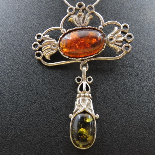 377 - Amber Set Silver Pendant Necklace Further Mounted on Silver Chain 42cm Long Pendant 6cm Drop