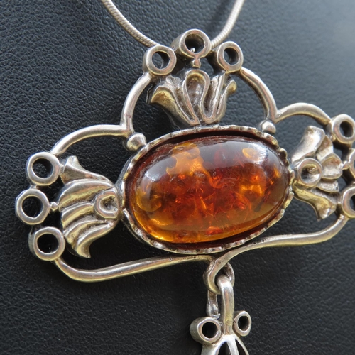 377 - Amber Set Silver Pendant Necklace Further Mounted on Silver Chain 42cm Long Pendant 6cm Drop