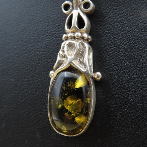 377 - Amber Set Silver Pendant Necklace Further Mounted on Silver Chain 42cm Long Pendant 6cm Drop