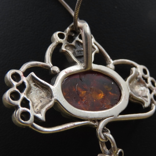 377 - Amber Set Silver Pendant Necklace Further Mounted on Silver Chain 42cm Long Pendant 6cm Drop