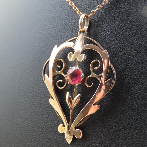 386 - Ruby Inset 9 Carat Rose Gold Pendant 4cm High Further Set on 9 Carat Rose Gold Chain 36cm Long