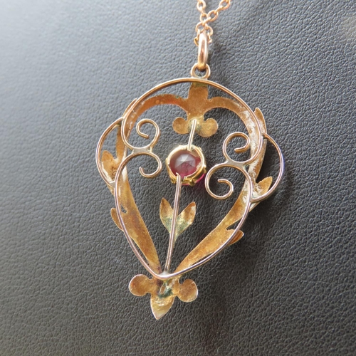 386 - Ruby Inset 9 Carat Rose Gold Pendant 4cm High Further Set on 9 Carat Rose Gold Chain 36cm Long