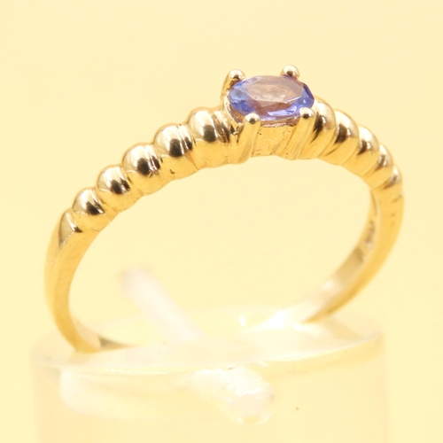 39 - Solitaire Amethyst Ring Mounted on 9 Carat Yellow Gold Beaded Motif Band Size N and a Half
