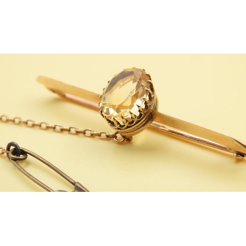 391 - Citrine Set 9 Carat Yellow Gold Ladies Bar Brooch with 9 Carat Yellow Gold Safety Chain and Pin 5cm ... 