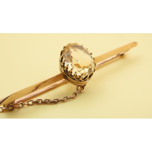 391 - Citrine Set 9 Carat Yellow Gold Ladies Bar Brooch with 9 Carat Yellow Gold Safety Chain and Pin 5cm ... 