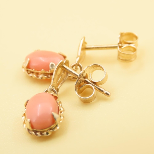 40 - Pair of Coral Set Earrings Mounted on 9 Carat Yellow Gold Each 1.5cm Drop