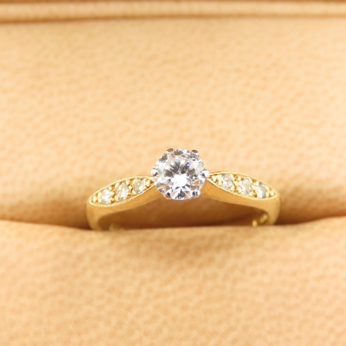 400 - 18 Carat Yellow Gold Diamond Solitaire Ring Further Diamond Decorated Shoulders Size L and a Half