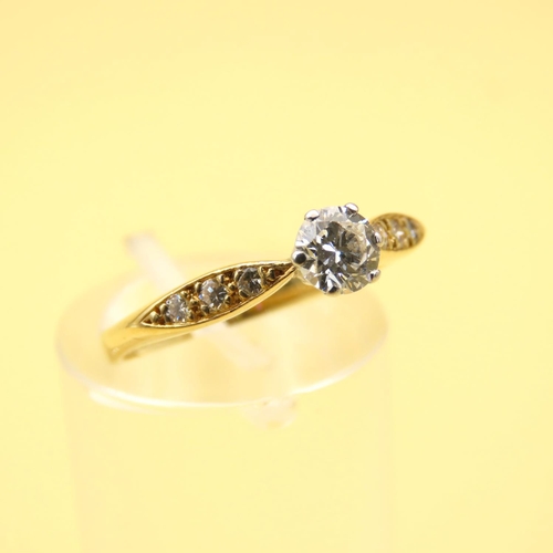 400 - 18 Carat Yellow Gold Diamond Solitaire Ring Further Diamond Decorated Shoulders Size L and a Half