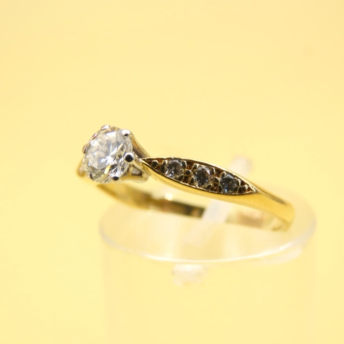 400 - 18 Carat Yellow Gold Diamond Solitaire Ring Further Diamond Decorated Shoulders Size L and a Half