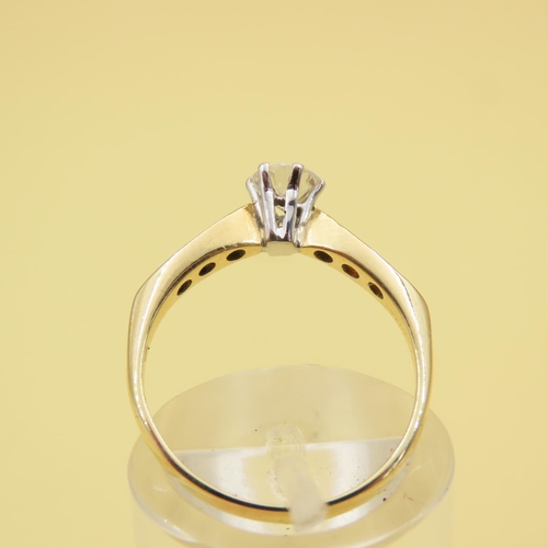 400 - 18 Carat Yellow Gold Diamond Solitaire Ring Further Diamond Decorated Shoulders Size L and a Half