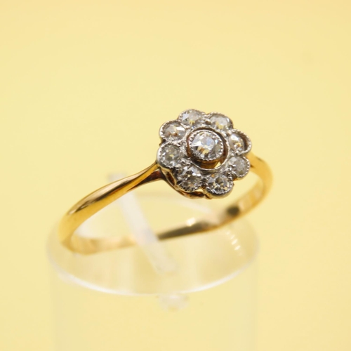 401 - Diamond Daisy Cluster Ring 9 Carat Yellow Gold Band Platinum Set Ring Size N