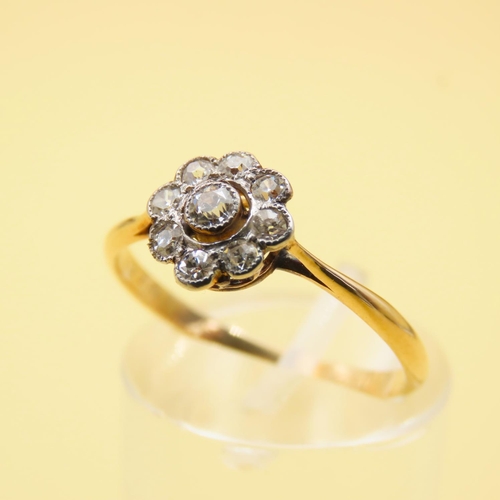 401 - Diamond Daisy Cluster Ring 9 Carat Yellow Gold Band Platinum Set Ring Size N