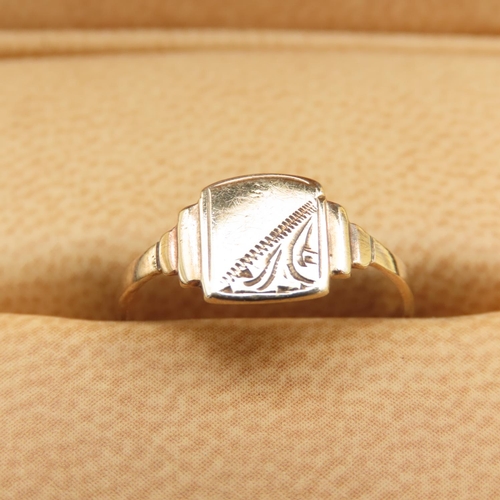 408 - 9 Carat Yellow Gold Signet Ring Panel Form Incised Detailing Band Size J