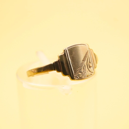 408 - 9 Carat Yellow Gold Signet Ring Panel Form Incised Detailing Band Size J