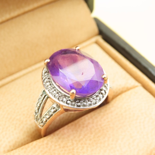 411 - Amethyst and Diamond Centerstone Ring Four Claw Set Further Diamonds to Shoulders Mounted on 9 Carat... 