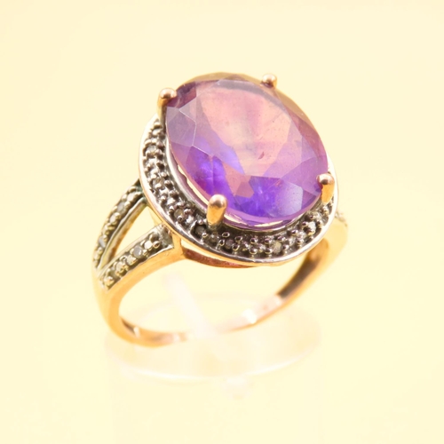 411 - Amethyst and Diamond Centerstone Ring Four Claw Set Further Diamonds to Shoulders Mounted on 9 Carat... 