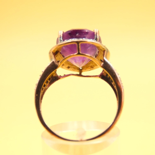 411 - Amethyst and Diamond Centerstone Ring Four Claw Set Further Diamonds to Shoulders Mounted on 9 Carat... 