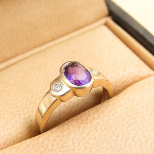 412 - Oval Cut Amethyst Set Centre Stone Ring with Diamond Set Shoulders Mounted on 9 Carat Yellow Gold Ba... 